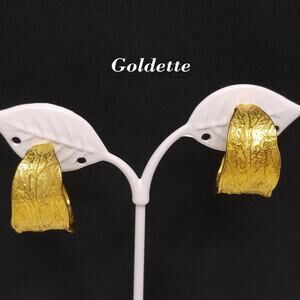 Vintage Goldette Gold Leaf Hoop Earrings 1960s Clip Screw Back Signed